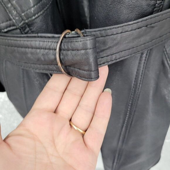 Vintage 80s Leather Flight Jacket M Black Long Belted Hidden Zip Biker Moto - Picture 9 of 16